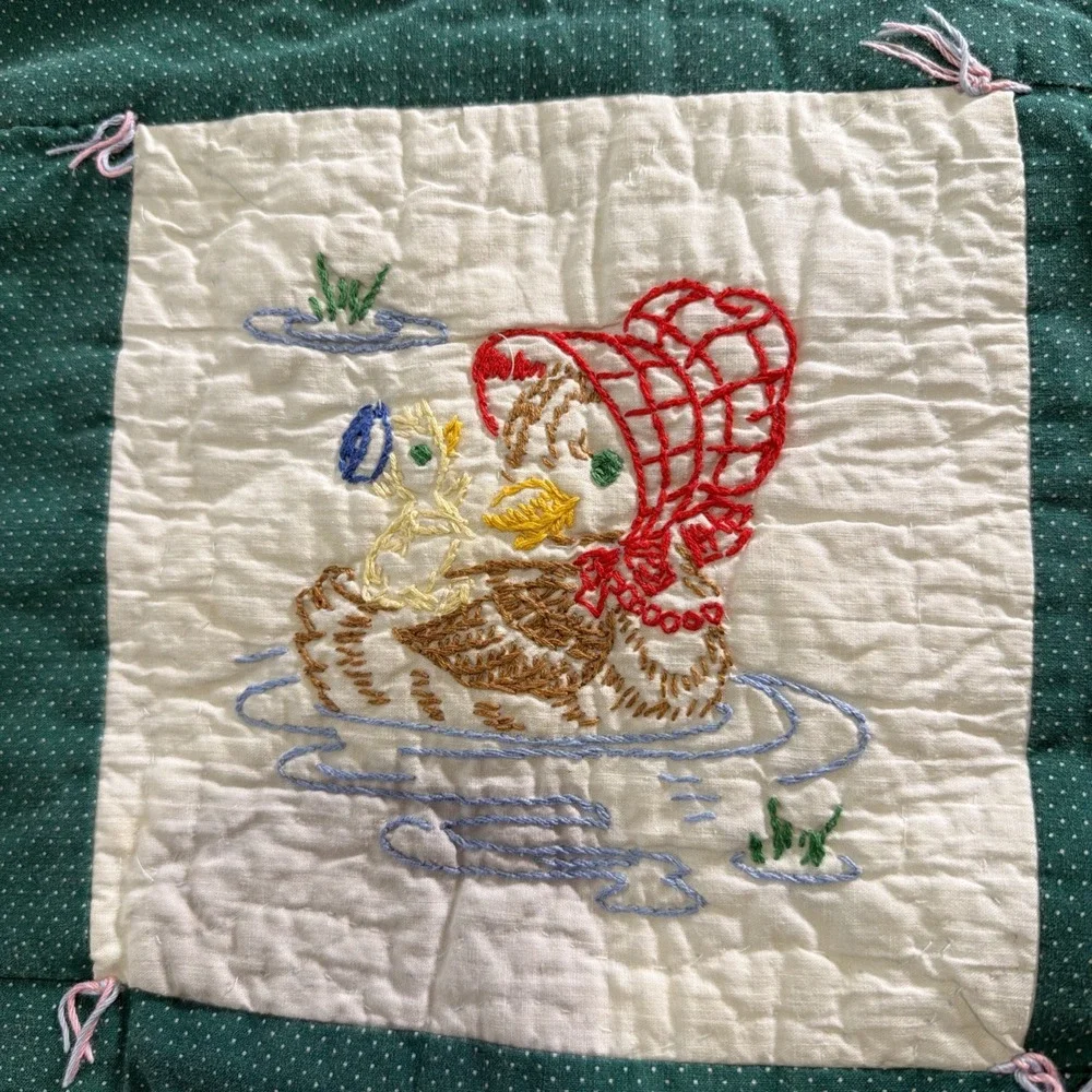 Vintage Handmade Embroidered Crib Quilt Playful Animals Green White